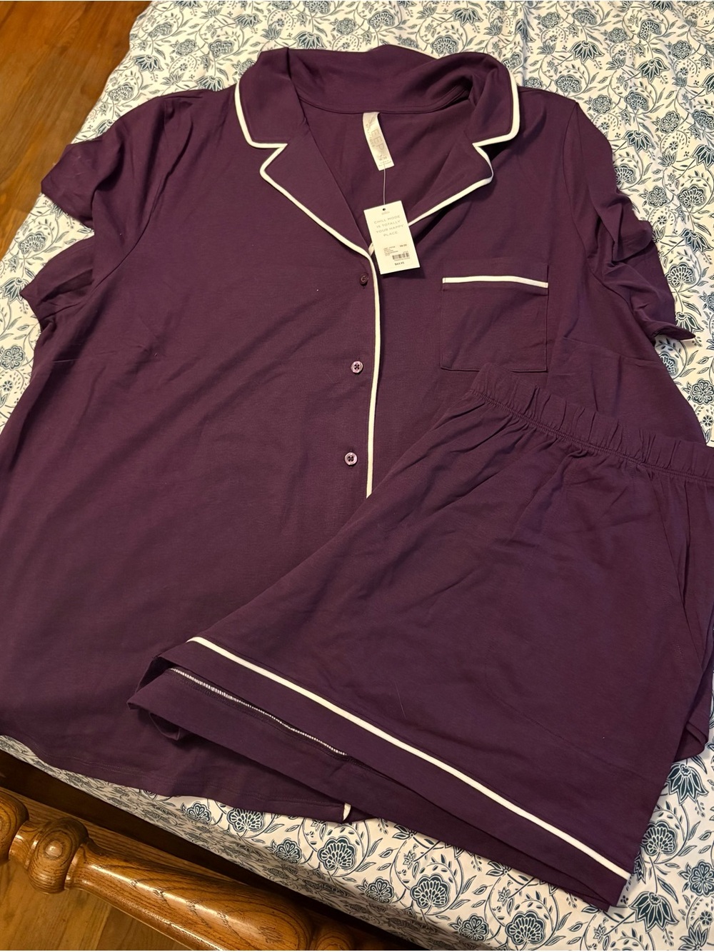 Lane Bryant Plum Short-Sleeve Button Pajama Set with Cream Piping